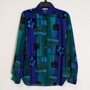 ALL HOURS Blue/Green Collared Long Sleeve Button Blouse; Size M